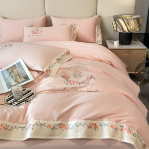 Light luxury 50-count long-staple cotton pink rose embroidery bedding set