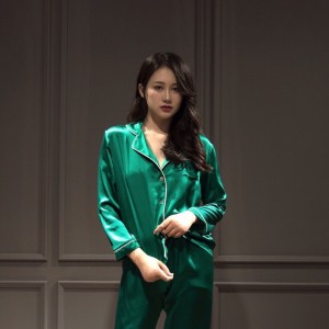 Green 100% Mulberry Silk Pajamas Set High End Solid Color Suit Supplier