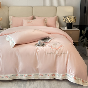 Light luxury 50-count long-staple cotton pink rose embroidery bedding set