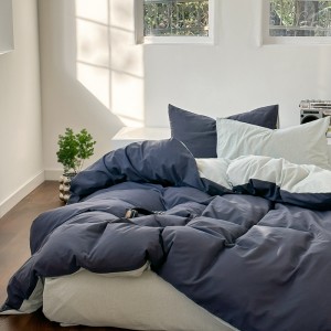 Solid Color Comforter Set Washed Cotton BedSheets Dark Blue Comforter Quilt Duvet Hotel Bedding Set