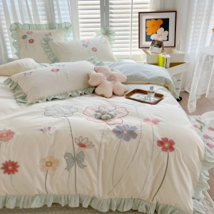 Washed Cotton Duvet Cover White Pillow Case Embroidery Bed Linen Kids’ Bedding Set