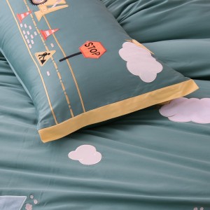 Long Staple Cotton Satin Bed Linen Embroidered Pillow Case Green Comforter Set Cartoon Kids’ bedding