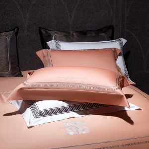 Long Staple Cotton Duvet Cover Fitted Sheet Embroidered Pillow Sham Orange Green Pink Bedding Set