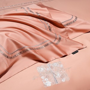 Long Staple Cotton Duvet Cover Fitted Sheet Embroidered Pillow Sham Orange Green Pink Bedding Set