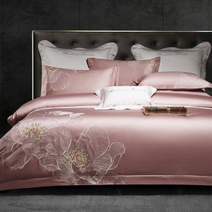 Embroidered Pillowcase Long Staple Cotton Duvet Cover Flat Sheet Pink Purple Grey Bedding Set