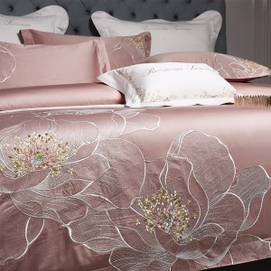 Embroidered Pillowcase Long Staple Cotton Duvet Cover Flat Sheet Pink Purple Grey Bedding Set