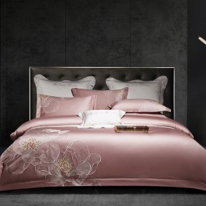 Embroidered Pillowcase Long Staple Cotton Duvet Cover Flat Sheet Pink Purple Grey Bedding Set