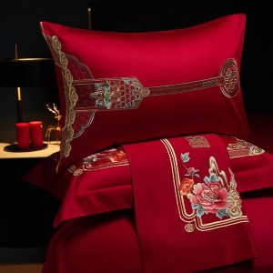 Long-staple Cotton Duvet Cover Jacquard Wedding Pillow Sham Red Festive BedSheets Embroidery Bedding Set