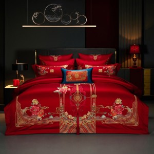 Long-staple Cotton Duvet Cover Jacquard Wedding Pillow Sham Red Festive BedSheets Embroidery Bedding Set