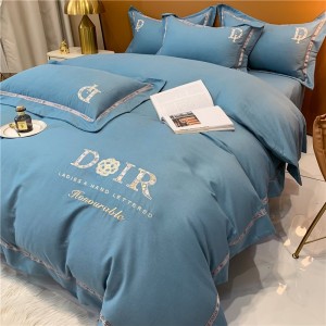 Blue Pillow Slip Breathable Flat Sheets Pure Cotton Quilt Cover Bedding Set