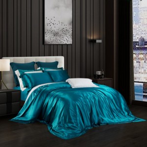 Blue Pillow Cases Solid Color Bed Linen 4pcs Quilt Cover Silk Bedding Set