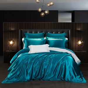 Blue Pillow Cases Solid Color Bed Linen 4pcs Quilt Cover Silk Bedding Set