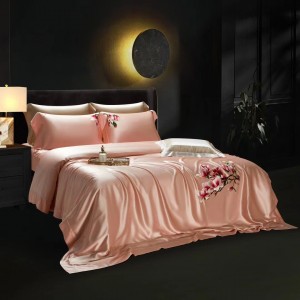 Pink Pillow Cover Solid Color Fitted Sheet 4pcs Duvet Cover Silk Bedding Set