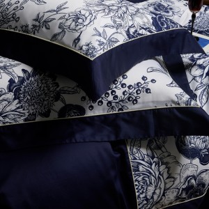 100% long-staple cotton light luxury satin bed sheet digital printing duvet cover blue high class bedding set