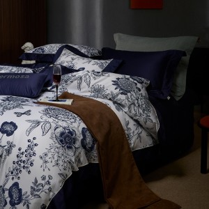 100% long-staple cotton light luxury satin bed sheet digital printing duvet cover blue high class bedding set