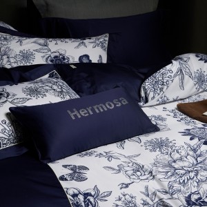 100% long-staple cotton light luxury satin bed sheet digital printing duvet cover blue high class bedding set