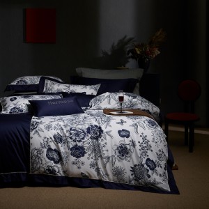 100% long-staple cotton light luxury satin bed sheet digital printing duvet cover blue high class bedding set