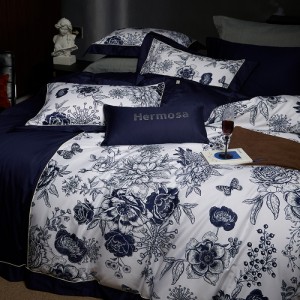 100% long-staple cotton light luxury satin bed sheet digital printing duvet cover blue high class bedding set