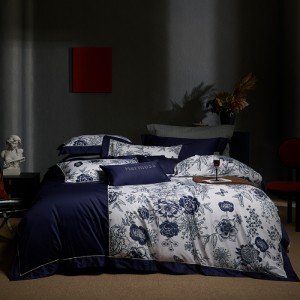 100% long-staple cotton light luxury satin bed sheet digital printing duvet cover blue high class bedding set