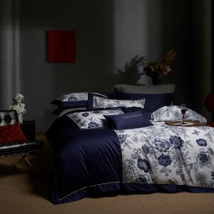 100% long-staple cotton light luxury satin bed sheet digital printing duvet cover blue high class bedding set