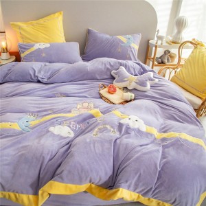 Purple Baby Fleece Pillow Slip Cartoon Flat Sheets Embroidery Quilt Duvet Cover Kids′ Bedding Set