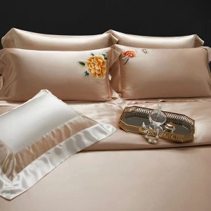 Flesh Color Pillow Sham Solid Fitted Sheet 4pcs Duvet Cover Silk Bedding Set