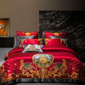 Gold white red breathable long-staple cotton satin embroidered quilt cover bedding set