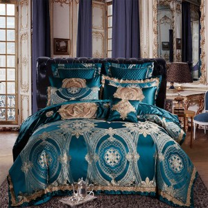 Blue Cotton European Embroidery Bed Sheer Quilt Cover Bedding Set