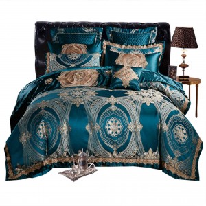 Blue Cotton European Embroidery Bed Sheer Quilt Cover Bedding Set