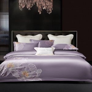 Embroidered Pillowcase Long Staple Cotton Duvet Cover Flat Sheet Pink Purple Grey Bedding Set