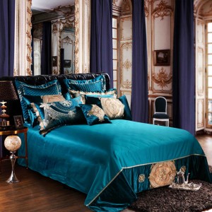 Blue Cotton European Embroidery Bed Sheer Quilt Cover Bedding Set