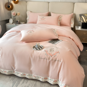 Light luxury 50-count long-staple cotton pink rose embroidery bedding set