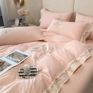 Light luxury 50-count long-staple cotton pink rose embroidery bedding set