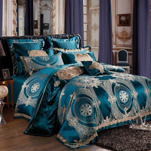 Blue Cotton European Embroidery Bed Sheer Quilt Cover Bedding Set