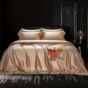 Flesh Color Pillow Sham Solid Fitted Sheet 4pcs Duvet Cover Silk Bedding Set