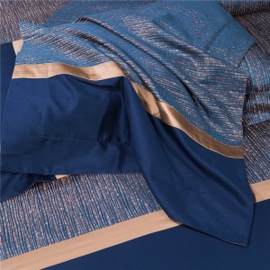 Dark Blue 100% Cotton Fitted High Quality Comforter Set Jacquard Pillow Sham Luxury Duvet Cover