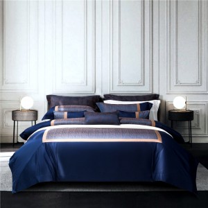 Dark Blue 100% Cotton Fitted High Quality Comforter Set Jacquard Pillow Sham Luxury Duvet Cover