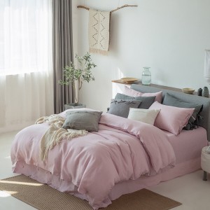 Linen Exquisite Flat Sheets Pink Pillow Sham Solid Color Comforter Quilt Duvet Skin-friendly Bedding Set