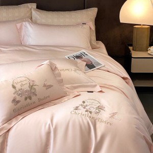 Beige Lyocell Cotton 4 PCS Bed Sheet Embroidery Home Textiles Bedding Set