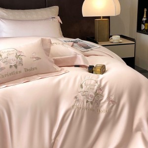 Beige Lyocell Cotton 4 PCS Bed Sheet Embroidery Home Textiles Bedding Set