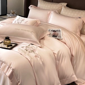 Beige Lyocell Cotton 4 PCS Bed Sheet Embroidery Home Textiles Bedding Set