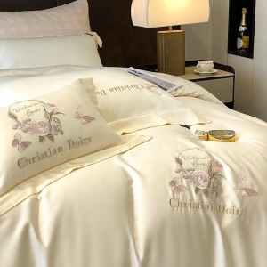 Beige Lyocell Cotton 4 PCS Bed Sheet Embroidery Home Textiles Bedding Set