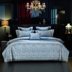 Luxury blue embroidery long-staple cotton high end bedding set