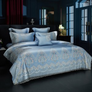 Luxury blue embroidery long-staple cotton high end bedding set