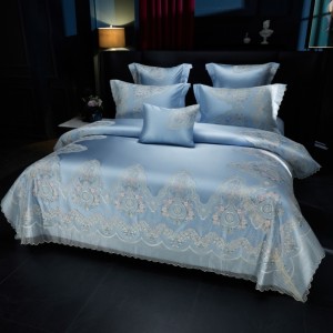 Luxury blue embroidery long-staple cotton high end bedding set