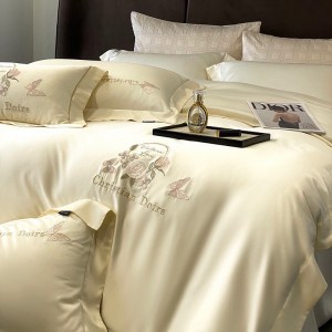 High grade beige lyocell cotton home textiles embroidery bedding set supplier