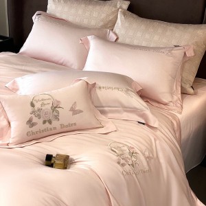 High grade beige lyocell cotton home textiles embroidery bedding set supplier