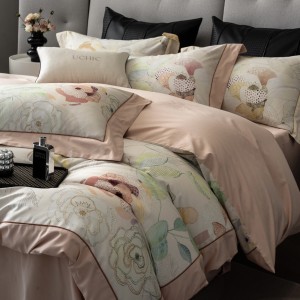 Customized 4 pcs digital printing duvet cover pink cotton patchwork bedding set