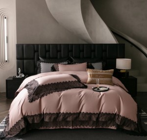 French high-end black embroidery lace new 100-count long-staple cotton pink bedding set