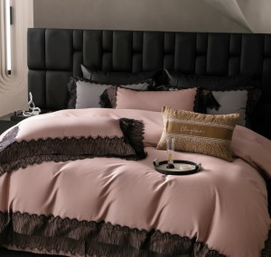 French high-end black embroidery lace new 100-count long-staple cotton pink bedding set